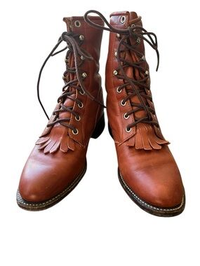 Vintage Justin Lace Up Brown Leather Kiltie Western Cowgirl Boots Size 6